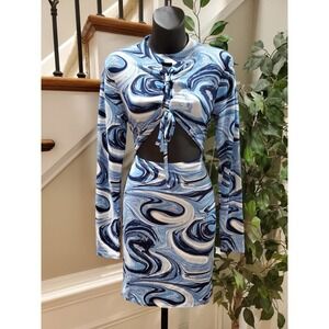 Almost Famous Women Blue Polyester Mock Neck Long Sleeve Knee Length Dress Large